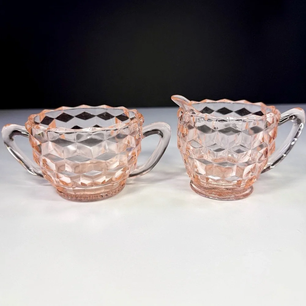 Vintage Jeannette Cubist Pink Depression Glass Sugar & Creamer Set Cube Pattern